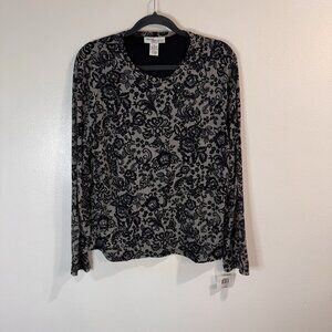 NWT Madison & Max Shirt XL Nude Illusion Lace Gems Rhinestones Black Long Sleeve